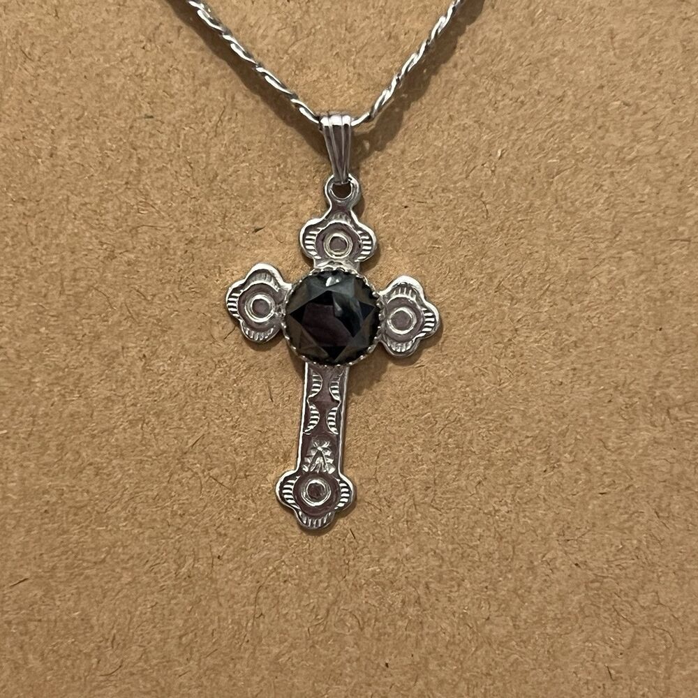 Silver Tone Black Stone‎ Religious Faith Cross Pendant Christian Catholic